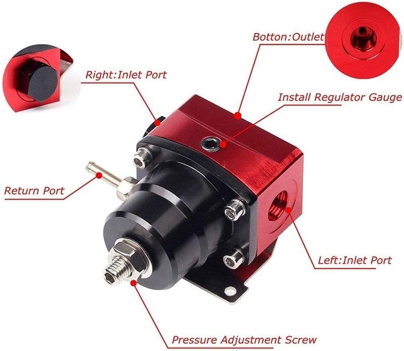 BARTOO Adjustable Fuel Pressure Regulator Kit with Bypass Return 30-70 psi Pressure Gauge, AN6-6AN Fuel Line Hose Fitting Connectors Kit(Red) - Image 3